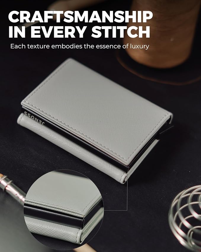 Jenoss Smart Wallet For Men & Women: Full Grain Leather, Handcrafted, Slide Metal Pop Up Case, Slim RFID Blocking Credit Card Holder Minimalist Compact 12 Cards Slot Organizers ID Clip (Grey & Black)