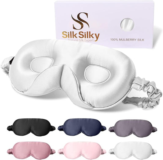 SilkSilky 100% 22 Momme Mulberry Silk Sleep Mask – Upgraded 3D Contoured Eye Mask with Nose Wing Pads & Adjustable Strap, Luxury Blackout Eye Cover for Women & Men (Light Gray)