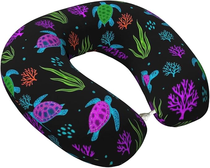 Neck Support Pillow, Comfortable Memory Foam Car/Flight/Airplane Chin Pillows U Shaped Cushion for Office Travel Sleeping Trippy Watercolor Blue Sea Turle