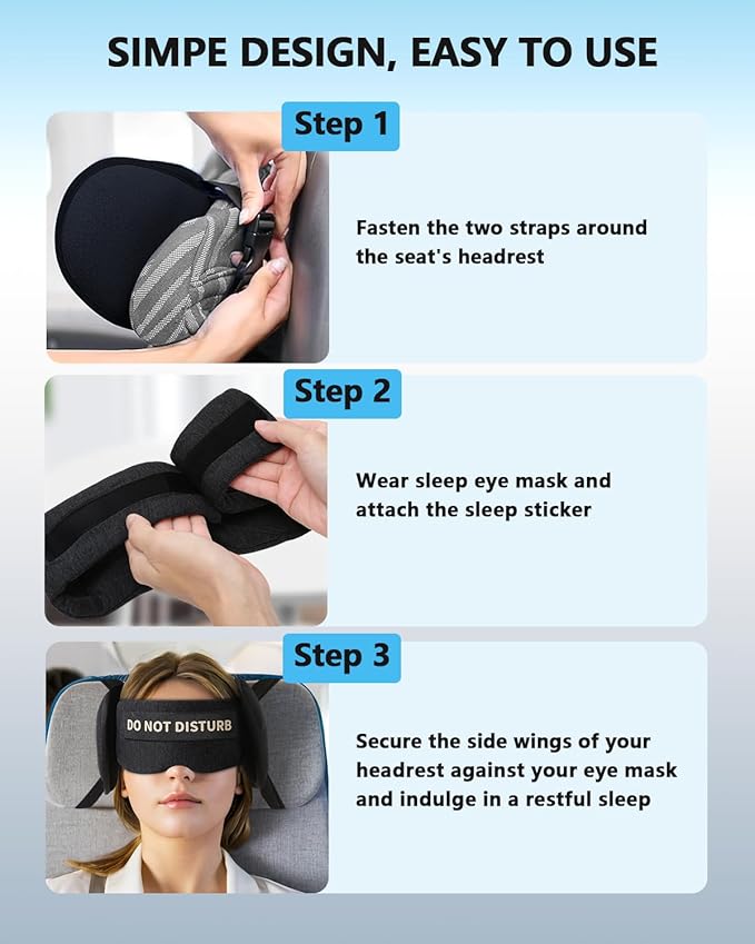 Travel Pillows for Airplanes, Airplane Pillow for Long Flights Sleeping Travel, Airplane Head Strap with Eye Mask 360° Support Headrest for Plane Road Trip Sleep, Stop Bobblehead（Black）