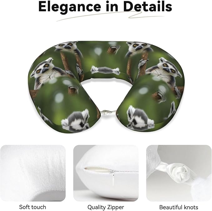 Comfortable Memory Foam Neck Pillow Lemur, Travel U Shaped Airplane/Car/Flight Pillows with Removable Zipper Cover, Chin Head Neck Support Cushion