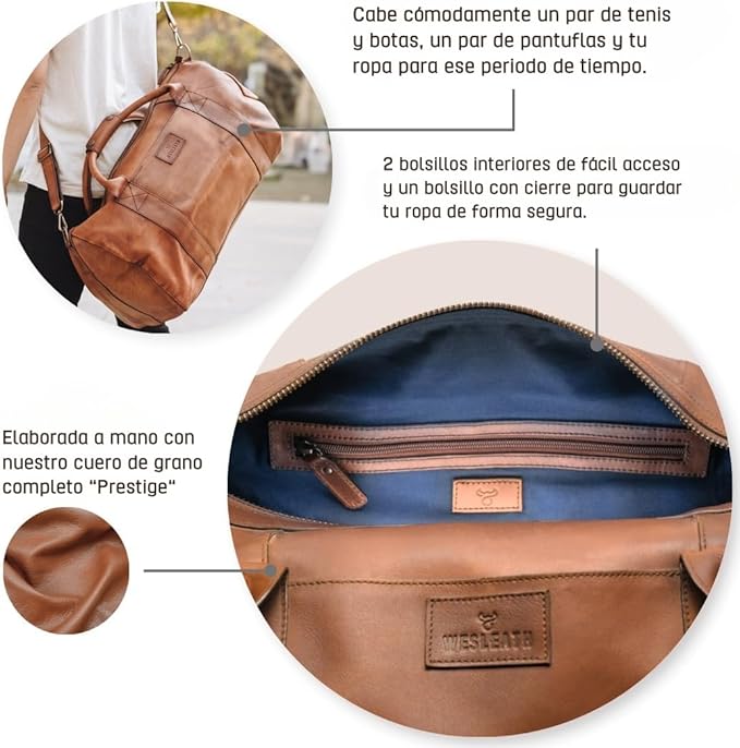 Full Grain Leather Duffle Bag – 40L Travel, Gym & Carry-On Weekender for Men | Handcrafted Overnight Bag with Brass Hardware, Vintage Style