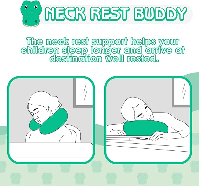 H HOMEWINS Travel Pillow for Kids,Cute Animal Neck Pillow for Boys Girls,Soft Neck Head Chin Support Pillow,Travel Accessories for Airplane, Car, Train,Recline (Crocodile)