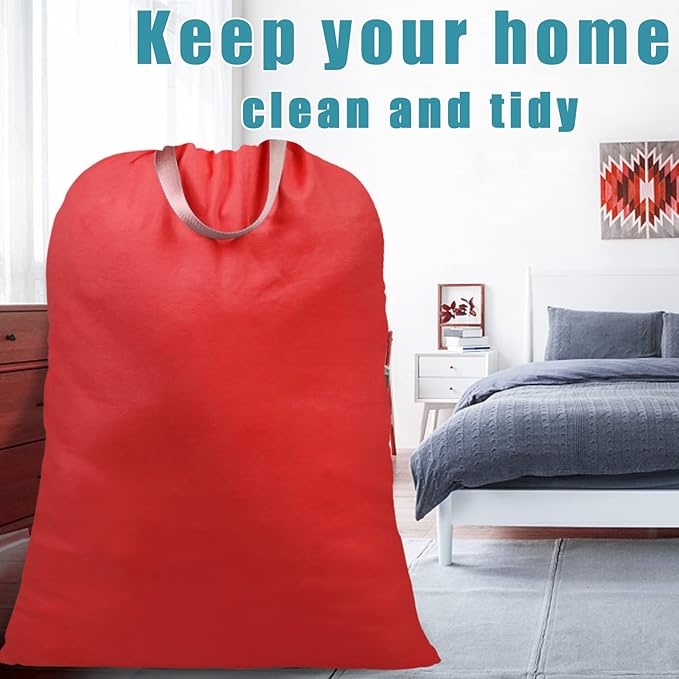 LOLOMLO Extra Large Canvas Laundry Bags with Handles & Drawstring Closure, Heavy Duty Tears Resistant Clothes Storage Travel Bags,25.5"x34",Red
