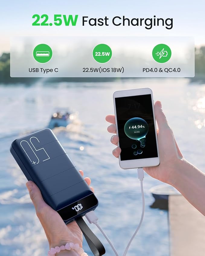 Power Bank Fast Charging 50000mAh - 22.5W Portable Charger USB C Quick Charge with 4 Outputs & 3 Inputs LED Display Huge Capacity External Battery Pack for iPhone, Samsung, iPad etc Blue