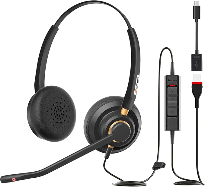 Arama USB Headset with Microphone for PC, Computer Headset, Noise Cancelling Adjustable Volume Control 4.26oz Lightweight 78.74 Inch Long Cord, for Laptop Business Skype UC Webinar Call Center Office