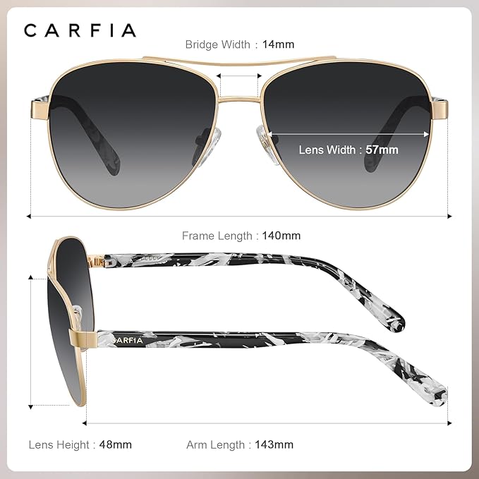 CARFIA Retro Trendy Pilot Sunglasses for Women Polarized UV Protection, Lightweight Outdoor Driving Lady Sunnies Metal Frame