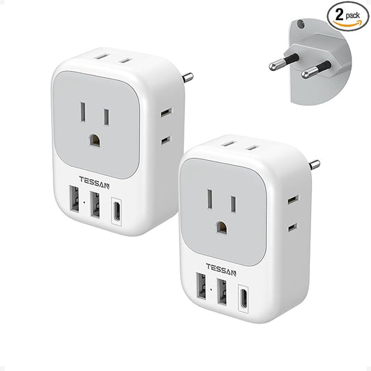 2 Pack European Plug Adapter USB C, TESSAN US to Europe Adapter 4 Outlets 3 USB Charger, Type C International Power Adaptor to Italy Spain France Portugal Iceland Germany, Europe Travel Essentials