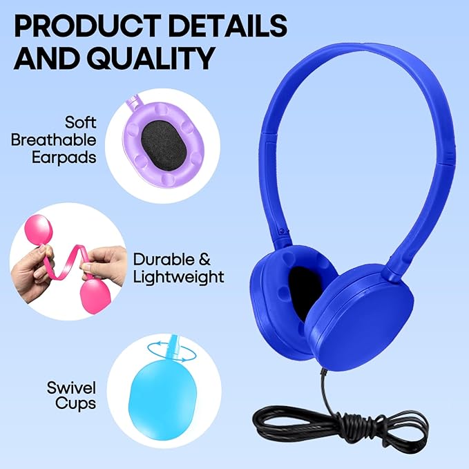 50 Pack Kids Headphones Bulk for Classroom School K-12, Wholesale Wired Student Headaets Adjustable 3.5mm Jack for Chromebook Laptop PC (HY104,50 Mixed)
