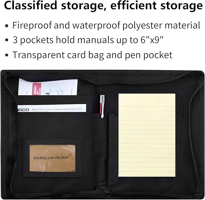 Car Glove Box Organizer, Registration Insurance Document Holder and Owners Manual Pouch with Flexible Secure Zippered Case Greeting Card for Vehicle Truck (Black)