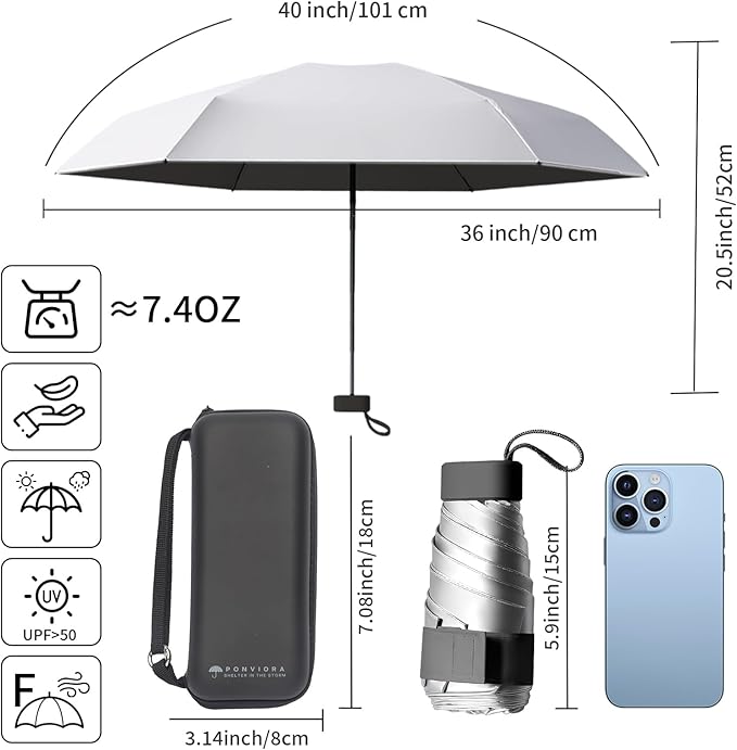 Compact Mini Windproof Travel Umbrella-UPF 50+ Sun & Rain Protection, Small Folding Design Fits in Pocket or Purse, Lightweight Portable with Case for Women, Men & Kids