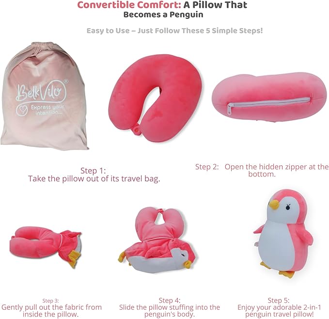 BelkVilo. 2 in1 Plush Penguin Travel Pillow – Pink Kids Travel Pillow for Airplane, Car, or Stroller | Extra-Soft Plush, Medium (12.2 in)