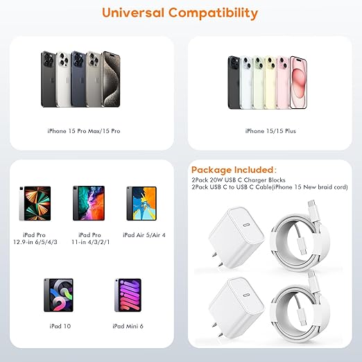 Charge for iPhone 16/15 Charger,Fast Charging iPhone 16/15 2Pack Type C Wall Charge Adapter USB C Charger Block 6FT USB-C to C Woven Cable for Apple iPhone 16 Pro Max/iPhone 15 Plus,iPad Pro/Air/Mini
