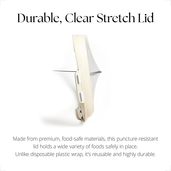 Crudités | Portable Snack Tray | Square 4-Pack | Cream White | Reversible Stretch Lid Food Containers | BPA-Free, Freezer & Dishwasher Safe | Meal-Prep, Charcuterie, Salads, Picnic, Travel