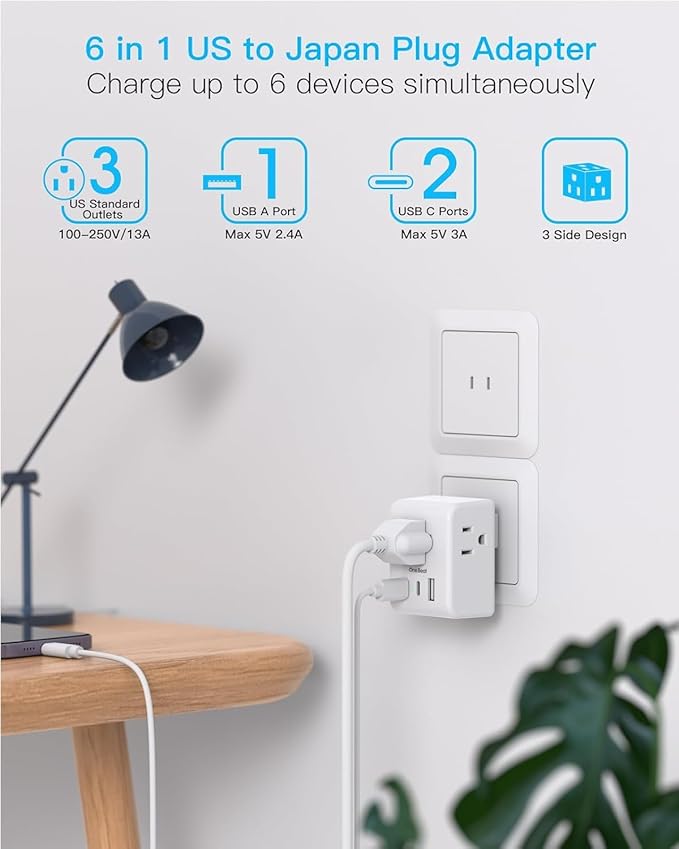 US to Japan Plug Adapter, 2 Prong to 3 Prong Outlet Adapter with 3 AC Outlets 3 USB Ports(1 USB C), Type A Travel Power Adapter for USA to Japanese Philippines China, Multi Plug Wall Outlet Extender