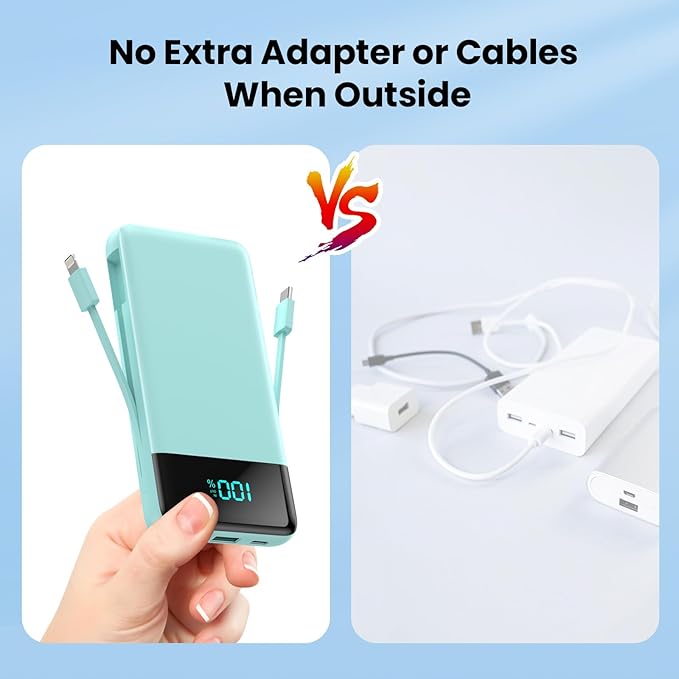 Portable Charger for iPhone,13800mAh Slim Power Bank with Built-in Cables & AC Wall Plug,All in One 4 Outputs USB C Fast Charging Battery Pack Travel Essential for iPhone 17/16/15/14,Android (Green)