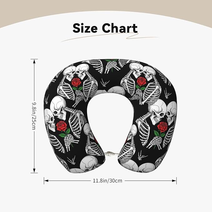 Neck Travel Pillow, Women Men Washable Airplane Car Pillows Rose Flower Skull Love Skeleton, Head Support Rest U Shaped Cushion Comfortable for Watching TV