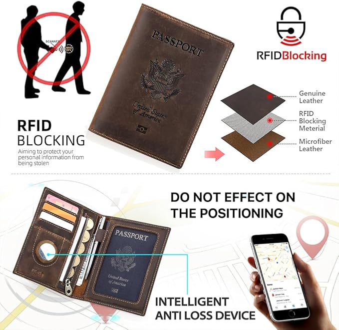 CONTACTS Full Grain Leather Airtag Passport Holder RFID Blocking Travel Passport Wallet Slim Passport Cover Case with 4 Card Slots, Coin Pocket with Badge