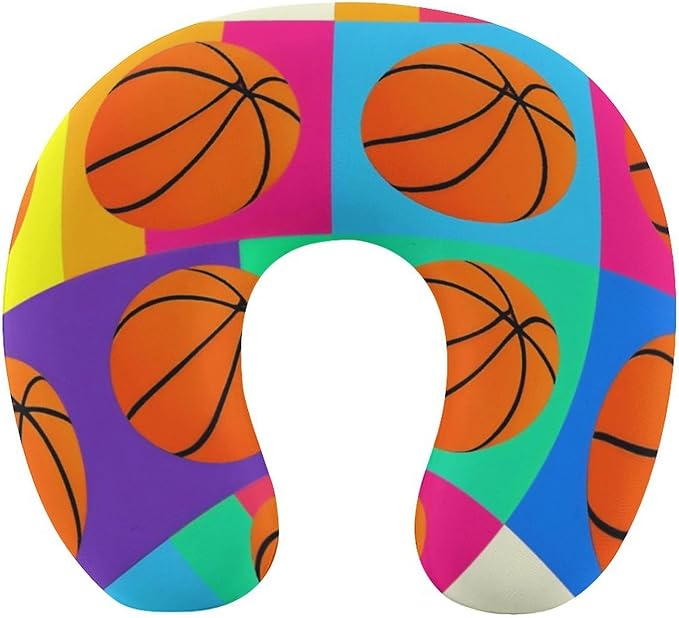 Soft Polyester Travel Neck Pillow, Basketball Pattern Colorful Checkered Checkerboard U-Shaped, Cervical Support Compact for Bus Airplane Rest, Machine Washable Breathable Design