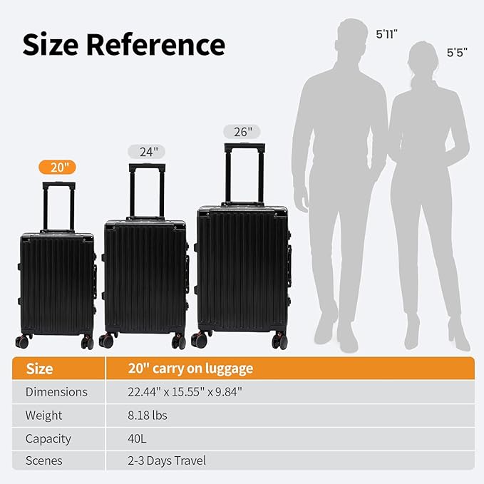 Carry On Luggage 22x14x9 Airline Approved, Zipperless Luggage Carry On, Hard Shell Suitcases with TSA Lock, Lightweight Carry On Suitcases with Aluminum Frame (black, 20inch)
