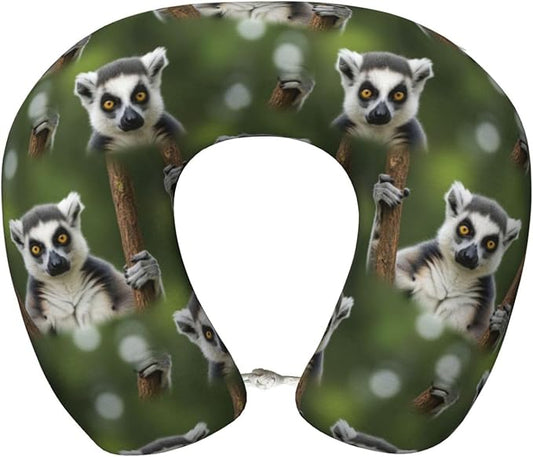 Comfortable Memory Foam Neck Pillow Lemur, Travel U Shaped Airplane/Car/Flight Pillows with Removable Zipper Cover, Chin Head Neck Support Cushion