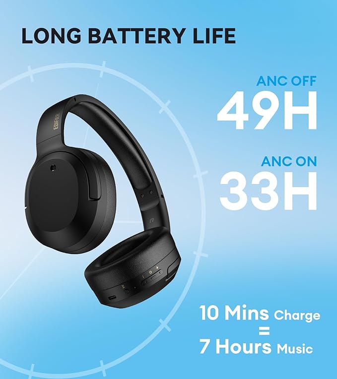 Edifier W820NB Plus Hybrid Active Noise Cancelling Headphones - LDAC Codec - Hi-Res Audio Wireless & Wired - Fast Charge - 49H Playtime - Over Ear Bluetooth V5.2 Headphones- Black