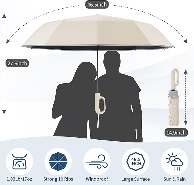 Seniny Travel Umbrella with Carabiner Handle, Windproof Large Umbrellas for Rain with Dual-Rib Structure, Portable Compact Umbrella with Reflective Strip, Car Backpack UV Umbrellas for Sun Protection