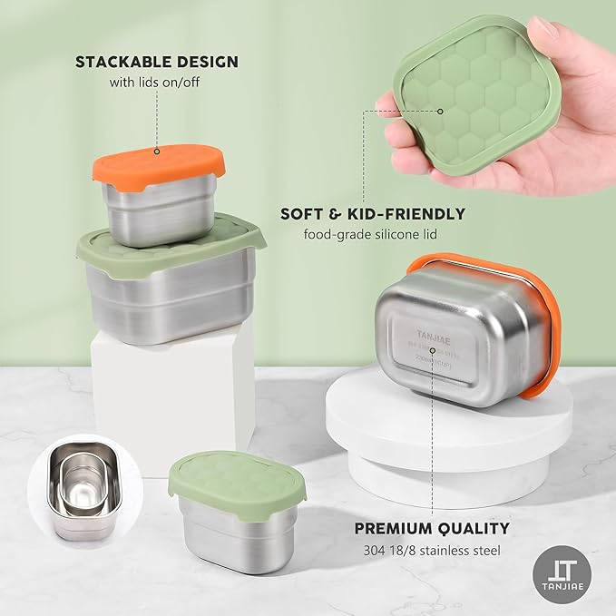 Stainless Steel Snack Containers for Kids & Salad Dressing Containers Sets | Easy Open Small Food Containers with Silicone Lids – Perfect Metal Lunch Box Containers for Daycare and School