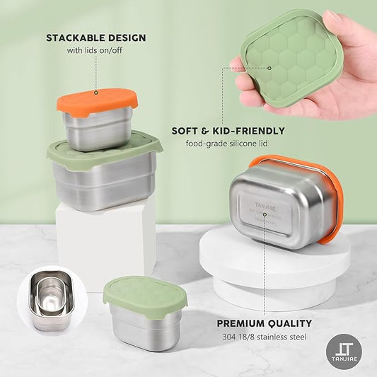 Stainless Steel Snack Containers for Kids & Salad Dressing Containers Sets | Easy Open Small Food Containers with Silicone Lids – Perfect Metal Lunch Box Containers for Daycare and School