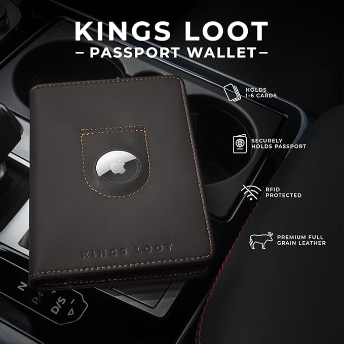 Kings Loot Passport Holder Wallet – RFID Blocking Leather Travel Wallet with Built-in Airtag Holder – Holds 1-6 Cards & Passport – Easy Pull Tab – Slim & Stylish Wallets (Truffle)