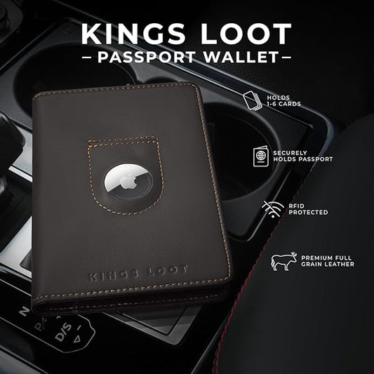 Kings Loot Passport Holder Wallet – RFID Blocking Leather Travel Wallet with Built-in Airtag Holder – Holds 1-6 Cards & Passport – Easy Pull Tab – Slim & Stylish Wallets (Truffle/Engraved)