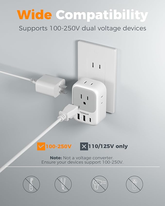 TESSAN 2 Prong to 3 Prong Outlet Adapter 2 Pack, US to Japan Plug Adapter with 4 Outlets 3 USB (1 USB-C), Outlet Adaptor US to Japan China Mexico Philippines Canada Peru Thailand Vietnam