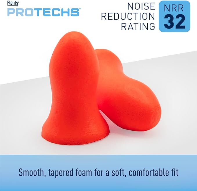 Flents Protechs Foam Ear Plugs, Contoured for Comfort, Ideal for Work with Loud Noise, Heavy Machinery, Construction, Studying & Traveling, NRR 32, Orange, Easy to Use, Made in The USA, 50 Pair