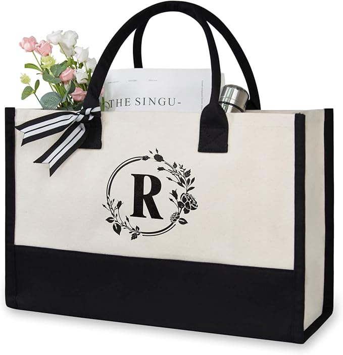 TOPDesign Personalized Initial Canvas Beach Bag, Monogrammed Gift Tote Bag for Women