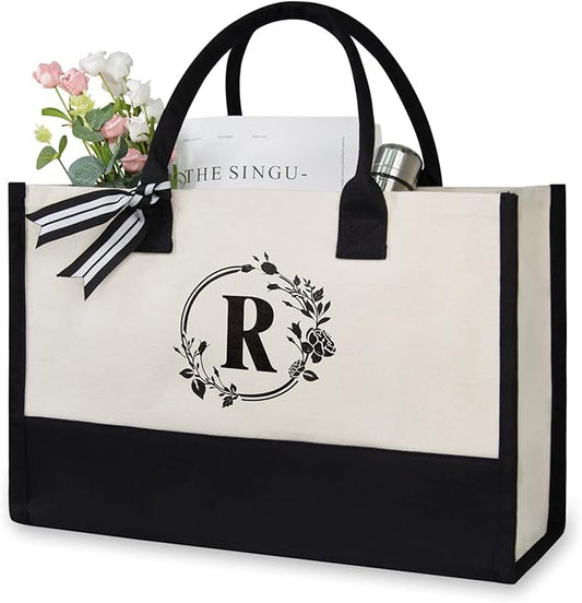 TOPDesign Personalized Initial Canvas Beach Bag, Monogrammed Gift Tote Bag for Women