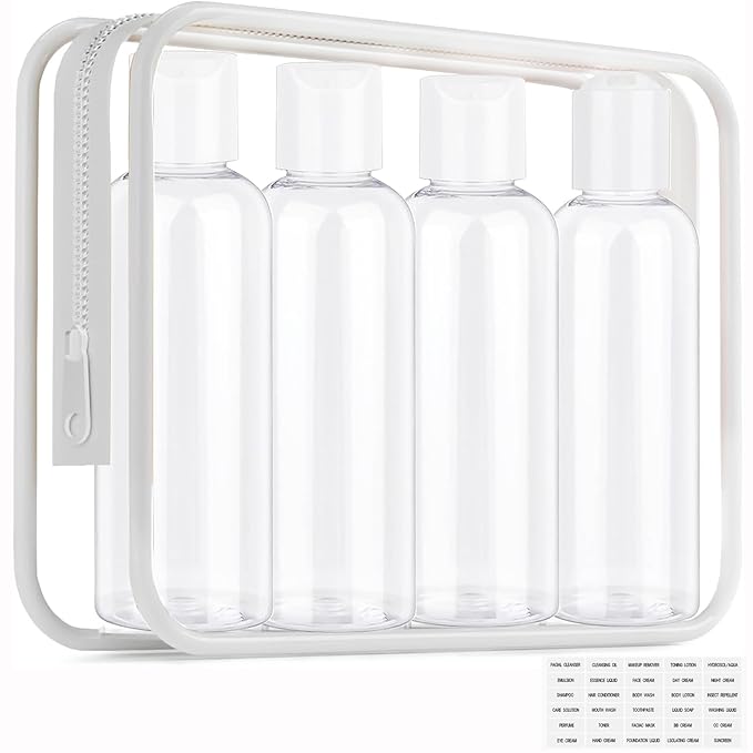 Clear Toiletry Travel Bottles, 3.4oz/100ml TSA Approved Empty Containers with Toiletry Bag - Cosmetic Kit with Labels for Shampoo, Conditioner, Lotion, and Airplane Accessories(4Pack, White)