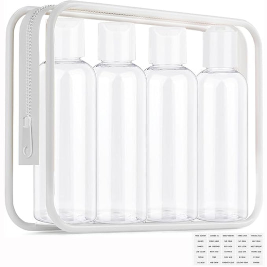 Clear Toiletry Travel Bottles, 3.4oz/100ml TSA Approved Empty Containers with Toiletry Bag - Cosmetic Kit with Labels for Shampoo, Conditioner, Lotion, and Airplane Accessories(4Pack, White)