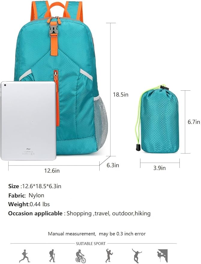 25L Foldable Hiking Backpack Lightweight Packable Basic-Daypack Collapsible Bag Water-Resistant Travel Men Women Camping Cycling Outdoor (Lake Blue)