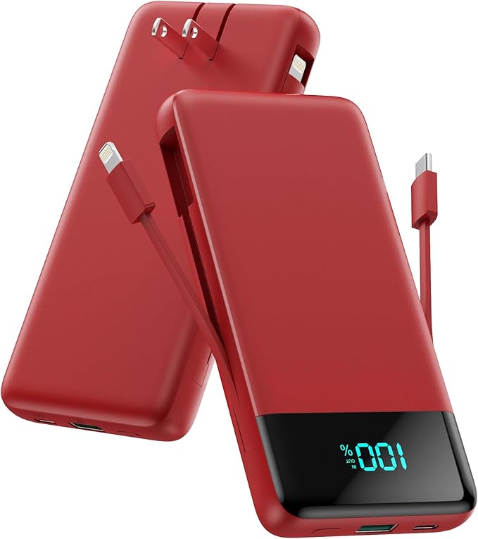 FOCHEW Portable Charger for iPhone with Built in Cables and Wall Plug,Upgraded 13800mAh Fast Charging USB C Power Bank,4 Outputs Travel Essential Battery Pack Compatible with iPhone 15/14/13/12,-Red
