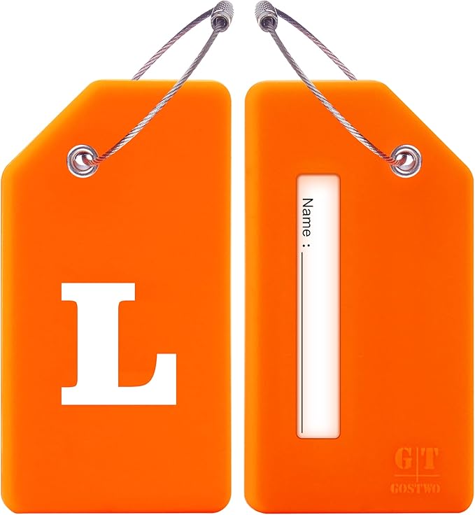 Gostwo 2 Pack Silicone Luggage Tags for Suitcases, 26 Initial Letter Baggage Labels Handbag School Bag Suitcase Instrument Tag with Stainless Steel Loop(Orange)(Letter L)