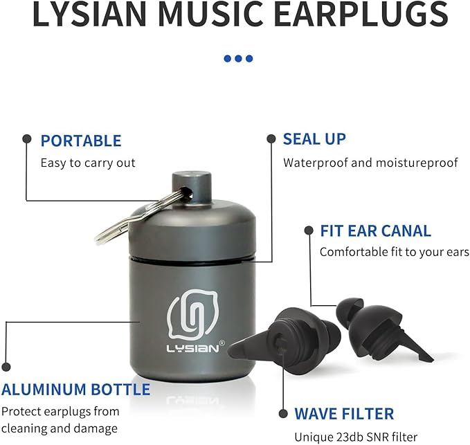 LYSIAN High-Fidelity Concert Ear Plugs– Reusable Noise-Reduction Festival Earplugs for Musician, Drummers, Party, Rave-Enjoy Clear Sound with -23dB Protection 2 Pairs Packs Black