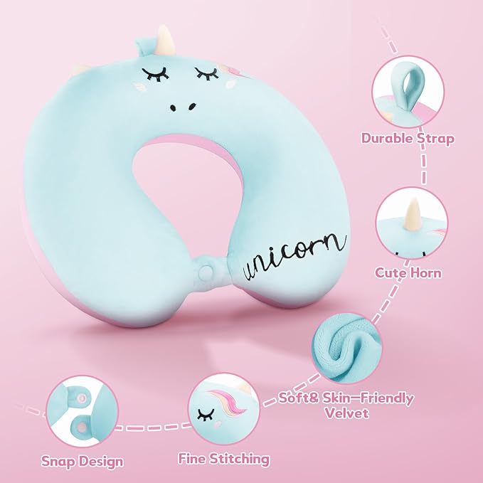 Toddler Neck Pillow, Kids Travel Neck Pillow for Traveling with Eye Mask, Toddler Cute Unicorn Airplane Travel Essentials, Memory Foam Car Flight Sleeping Headrest for Baby Boy Girl Child Gift (Blue)