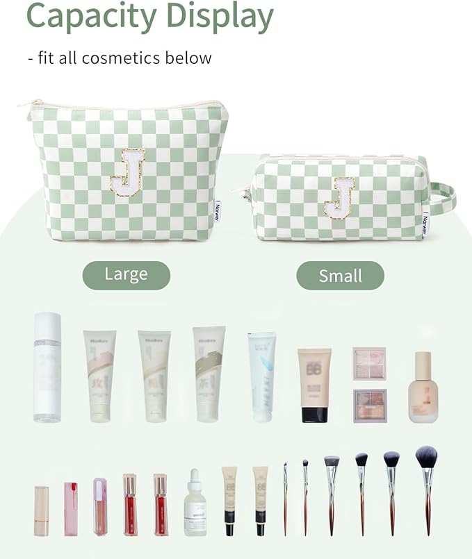 Narwey 2 Piece Personalized Initial Makeup Bag Checkered Cosmetic Bags, 6 8 10 11 12 13 14 16 18 Years Old Teen Girl Gifts Trendy Stuff Birthday Gifts for Women, Travel Toiletry Bag (Green Letter J)