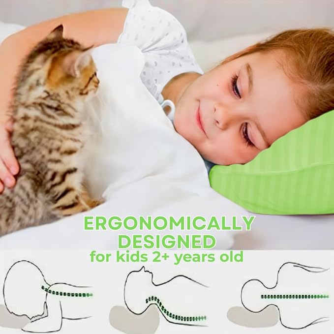 kinder Fluff Children Pillow (2Pack) 14x20in - Junior Pillows for Kids Age 4+, 100% Cotton Sateen Stripes Shell 300T, Down Alternative Fill, Machine Washable - Children & Travel Cushion - Green - M
