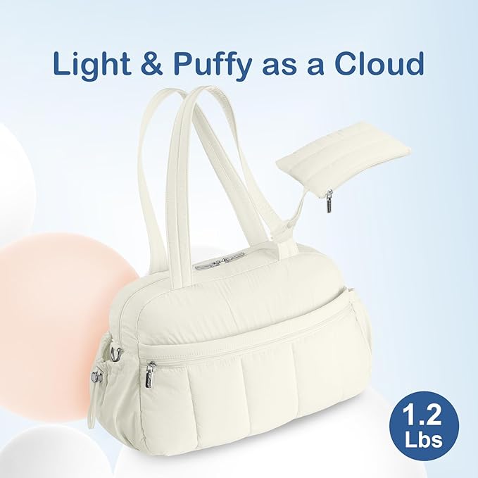 TOPDesign Travel Duffel Bag for Women, Puffer Gym Bag Sports Tote with Wet Pocket, Carry On Weekender with Luggage Sleeve (Ivory White)