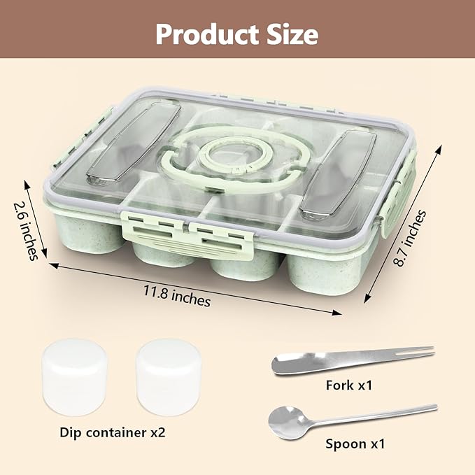 Dishwasher Safe Snackle Box Container, Snack Divided Serving Tray with Lid, Portable Snack Organizer with Date Marker, 2 Dressing Containers, Fork and Spoon, Green