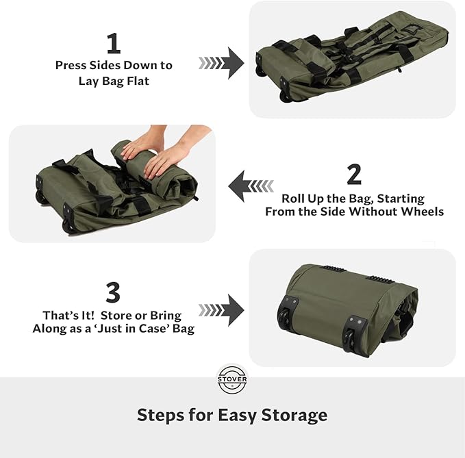 STOVER 80L Rolling Duffel Bag with Wheels, Large Durable Travel Duffle + Toiletry Bag, Heavy Duty, Packable, Foldable with Shoulder Straps- Use as Luggage or Backpack, Men/Women (Green)