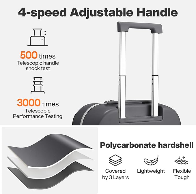 mixi 26 Inch Large Checked Luggage PC Hard Shell Suitcase Top Opening Aluminum Frame Travel Suitcases with Wheels, Rock Gray