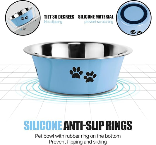 YUDANSI Dog Bowls 2 Pack Small Medium Dogs Feeding Food Water Bowl with Non-Slip Silicone Sole, Stainless Steel Dog Dishes Elevated Raised Pet Feeder (Blue, XL(8.5 Cups)