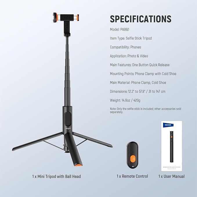 NEEWER 57.9" Selfie Stick Tripod Compatible with iPhone Samsung Android, Metal Portable Lightweight Travel Cell Phone Stand with Phone Holder Mount & Remote for Video Recording Filming, PA992 Black